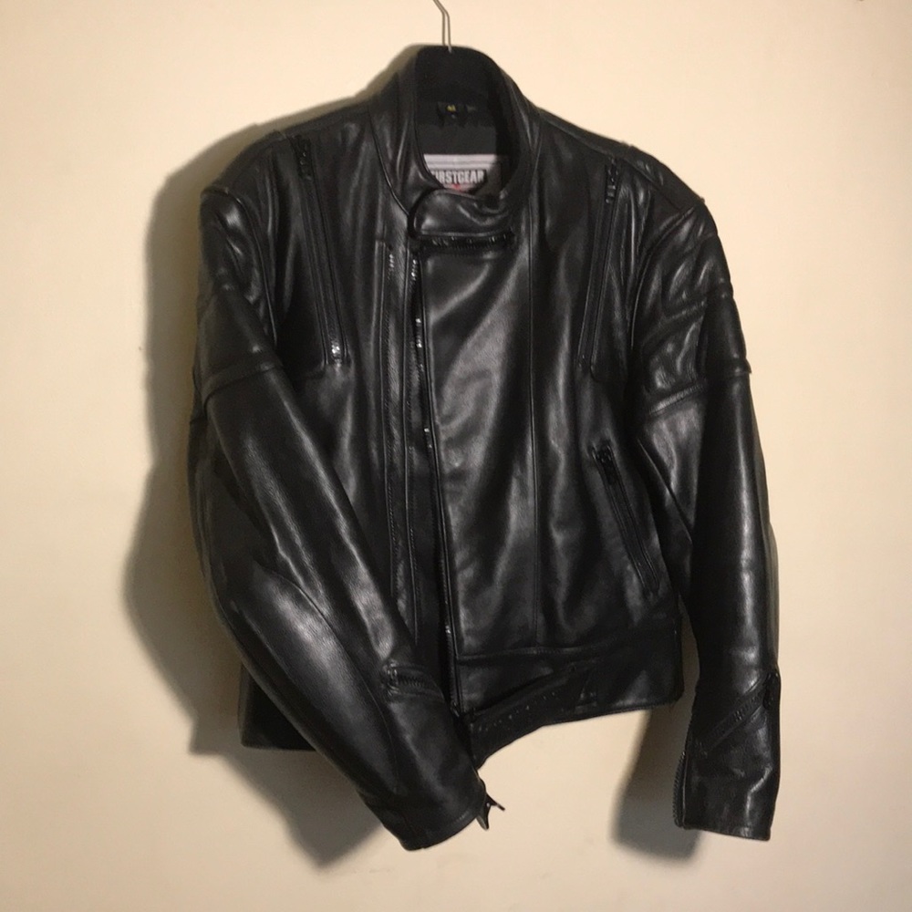 Black Leather Biker Jacket. Adjustable w/ Padding